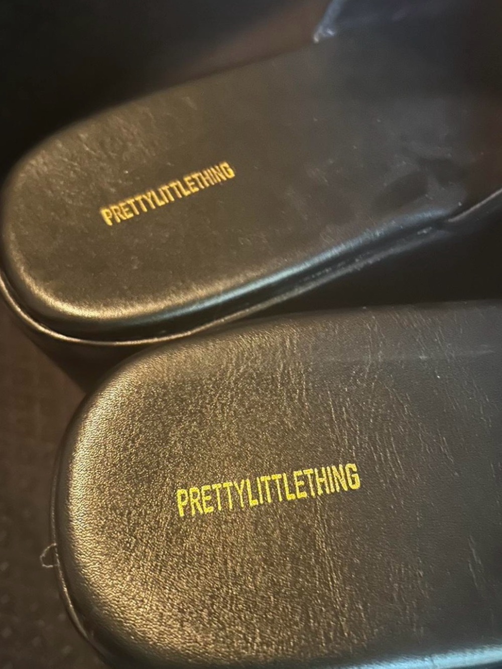 PrettyLittleThing Black Platform Slide Sandals with Gold Logo - Picture 3 of 3